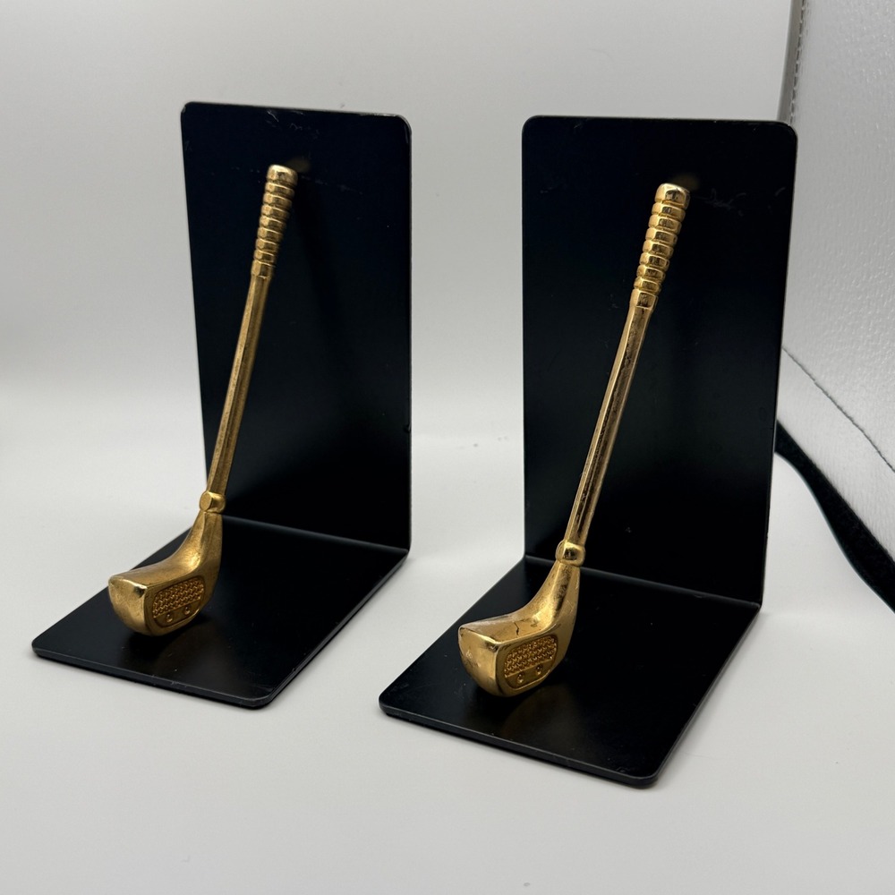 Vintage Brass Golf Club Bookends Black Metal Base Mid Century Sport Decor Pair